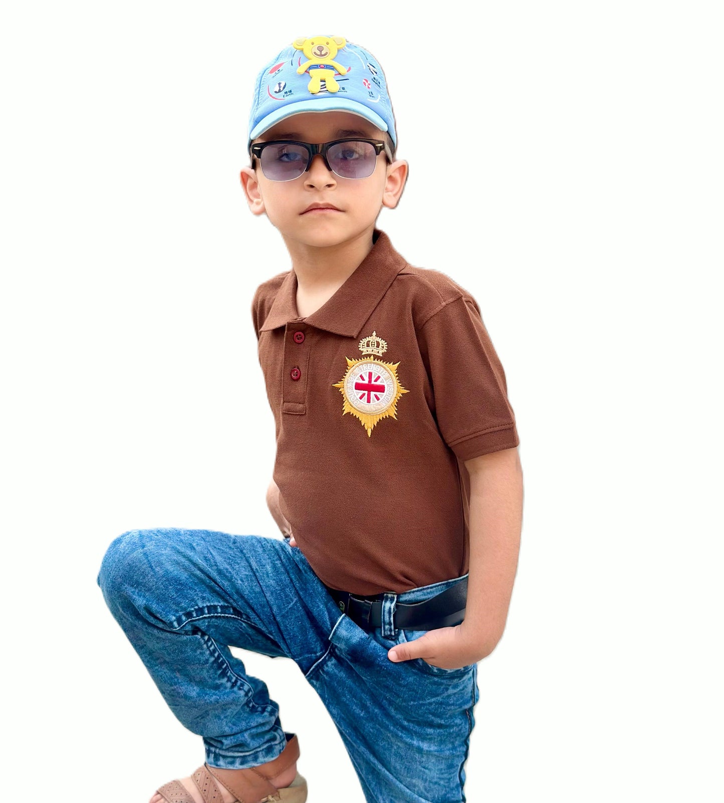 kid’s Brown Polo Shirt with Royal Crest Embroidery