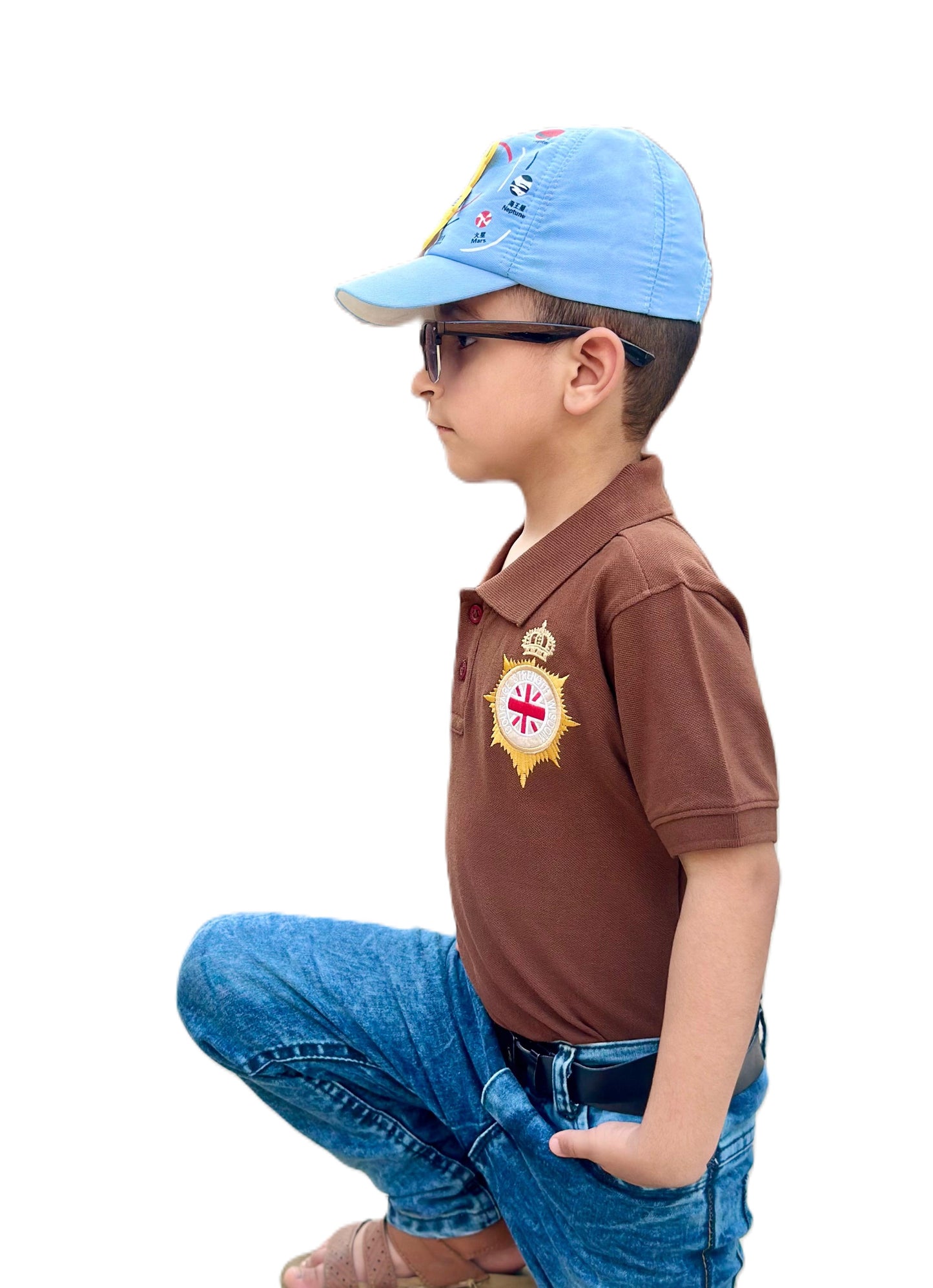 kid’s Brown Polo Shirt with Royal Crest Embroidery
