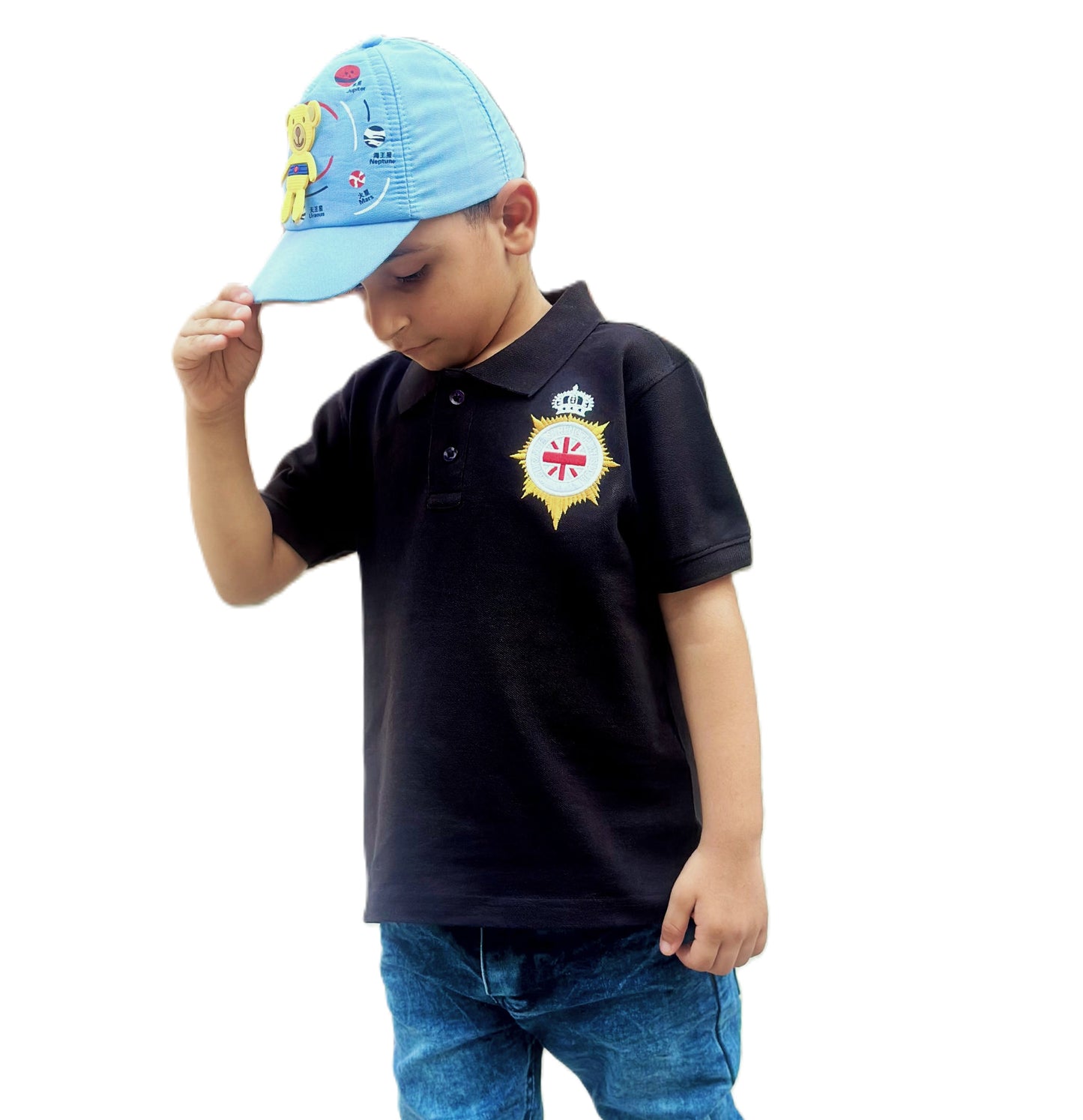 kid’s Brown Polo Shirt with Royal Crest Embroidery