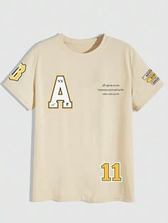 Beige Varsity Patch T-Shirt with Letter and Number Print